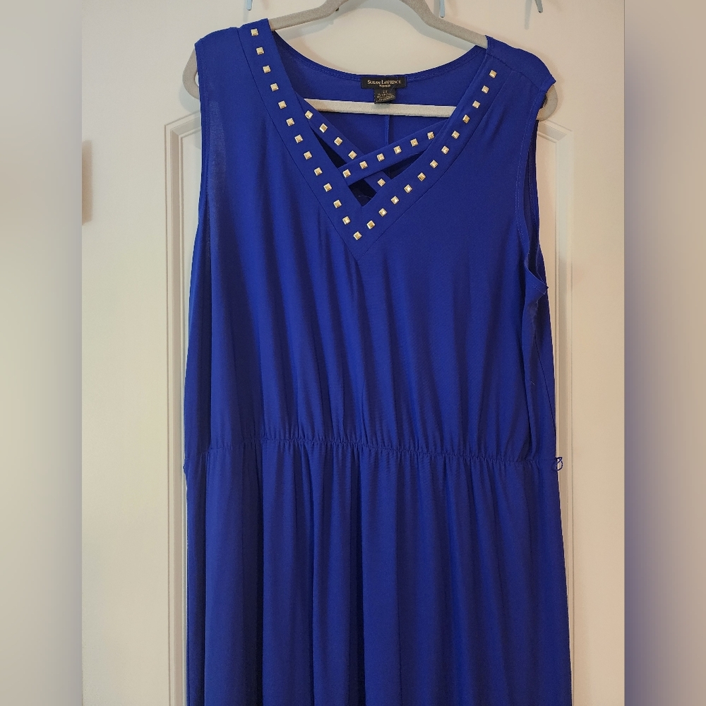Susan Lawrence Sleeveless Studded V-Neck Column Maxi Dress in Cobalt Blue 2X
